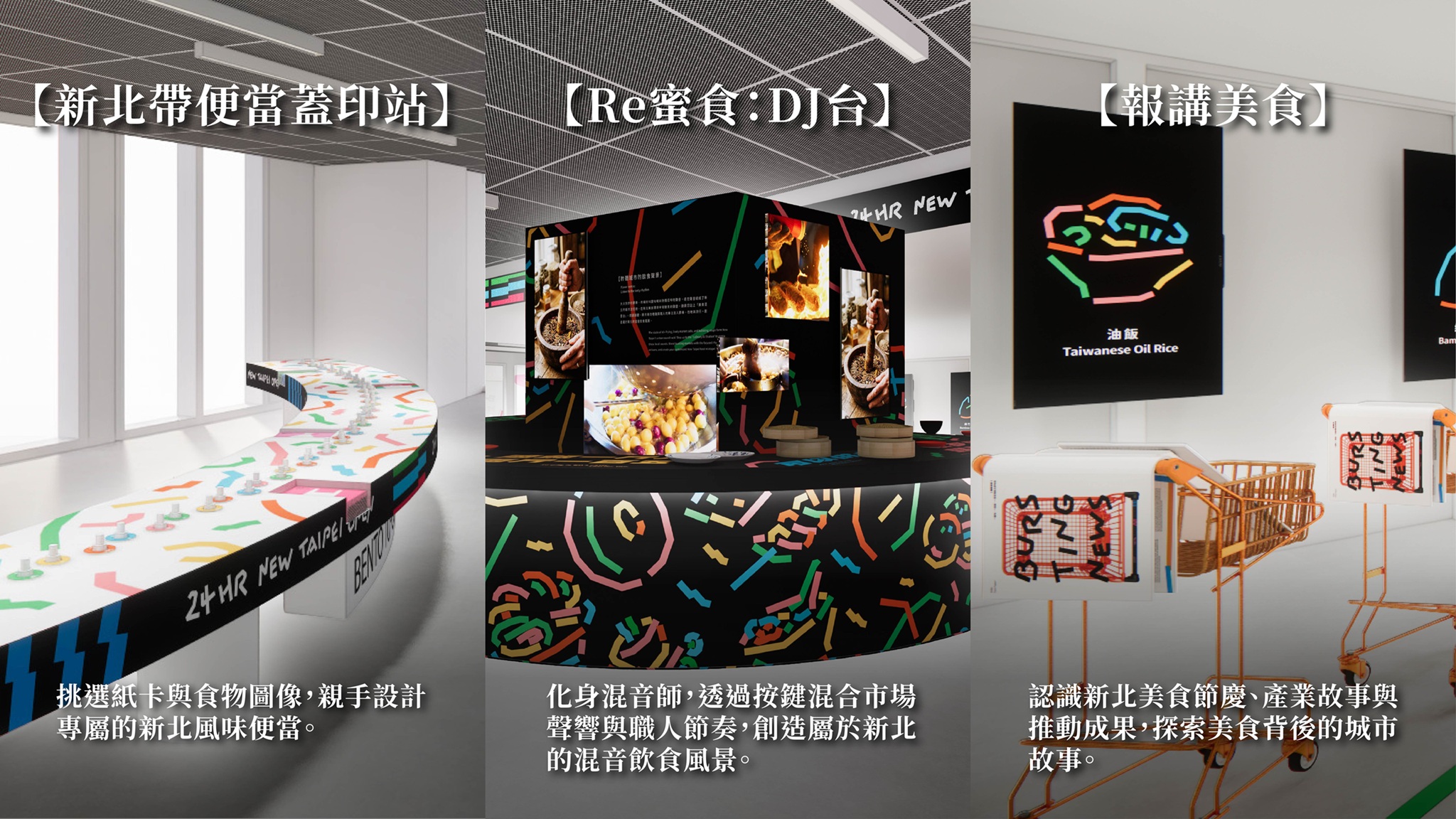 《歡迎光臨!24小時新北美食城》展覽規劃三大互動區,讓民眾不只是看展,更能親自參與其中。