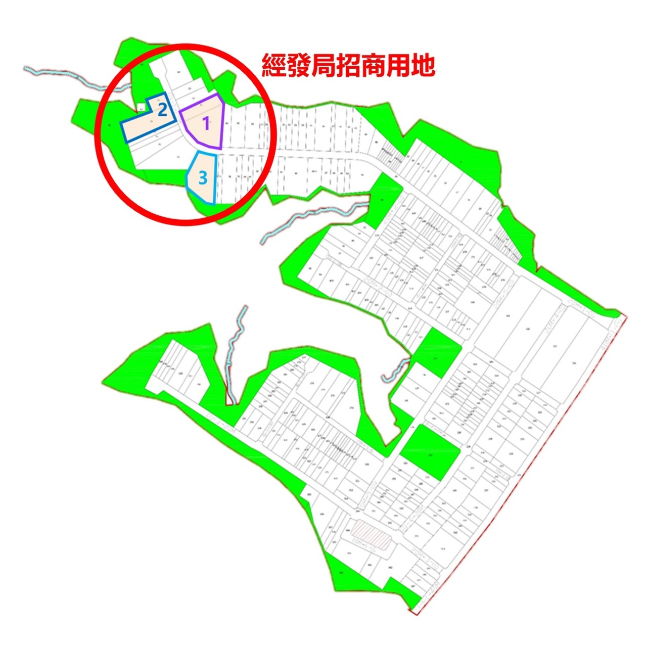 「新北國際AI+智慧園區標租案」公告三個區域5筆抵費地，分別為第1區面積12541.07平方公尺(新頭湖段54、61地號)、第2區面積9347.6平方公尺 (新頭湖段68、69地號)、第3區面積8509.04平方公尺(新頭湖段75地號)等土地。