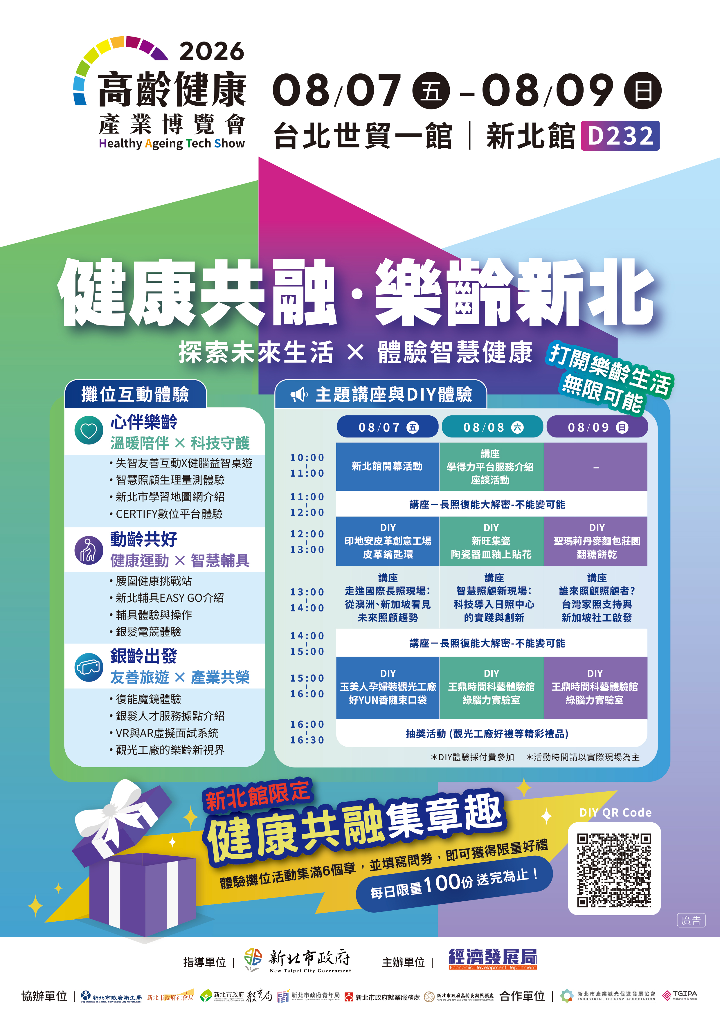 新北市政府聯合12局處參與第三屆高齡健康產業博覽會,以「健康共融 樂齡新北」為主題打造新北形象館,於台北世貿一館盛大登場。